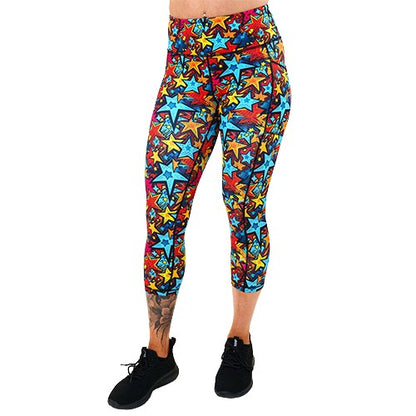 capri length comic book stars patterned leggings