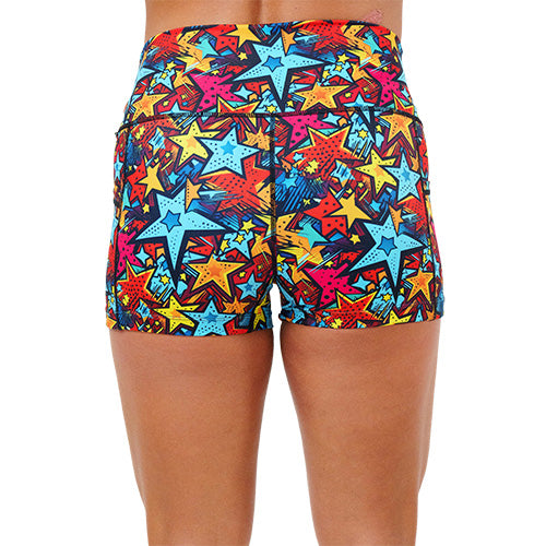 back of 2.5 inch comic book stars patterned shorts