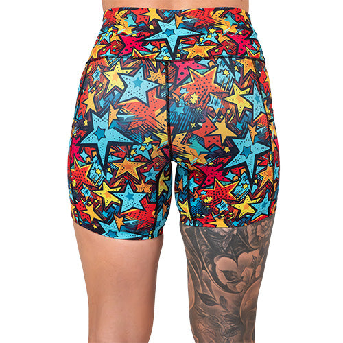 back of 5 inch comic book stars patterned shorts