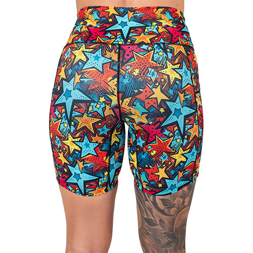 back of 7 inch comic book stars patterned shorts