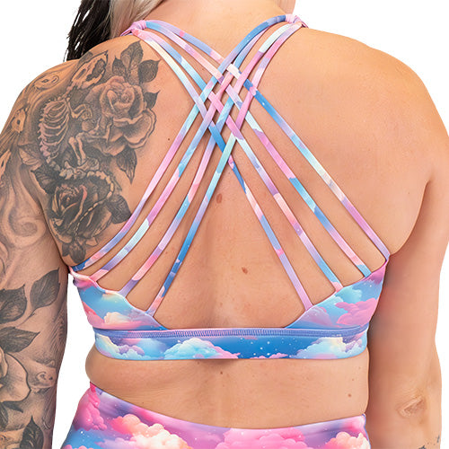 back of the cloud patterned sports bra