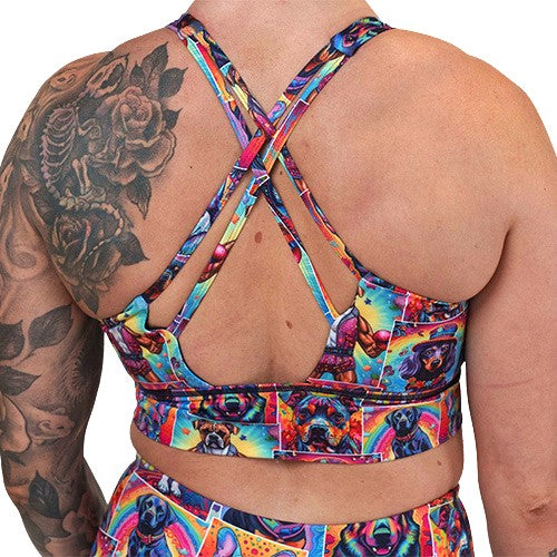 back of the dog patterned sports bra