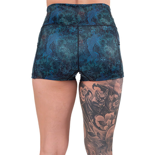 back of the 2.5 inch koi fish patterned shorts