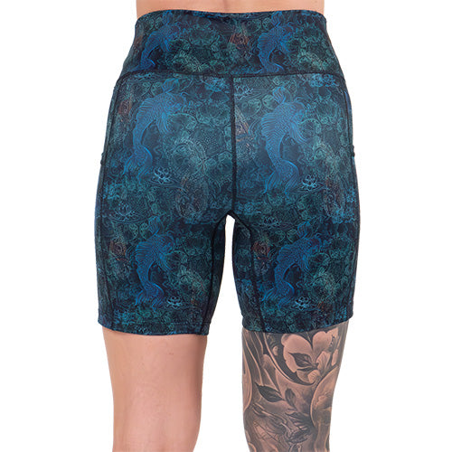 back of the 7 inch koi fish patterned shorts