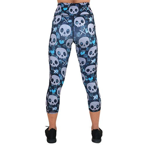 back of the blue hearts and skulls patterned leggings