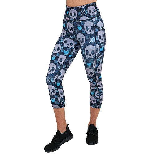 blue hearts and skulls patterned leggings