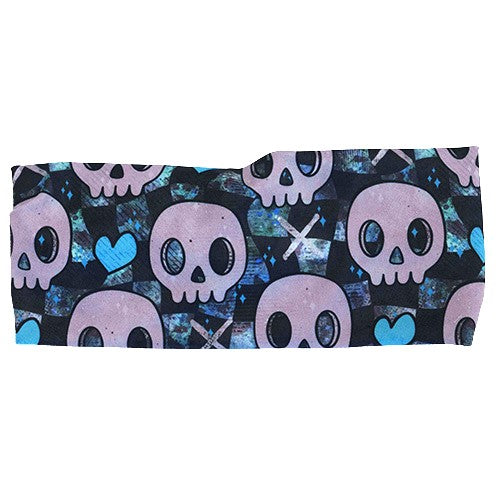 blue hearts and skulls patterned headband