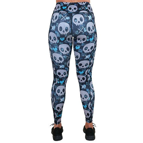 back of the blue hearts and skulls patterned leggings