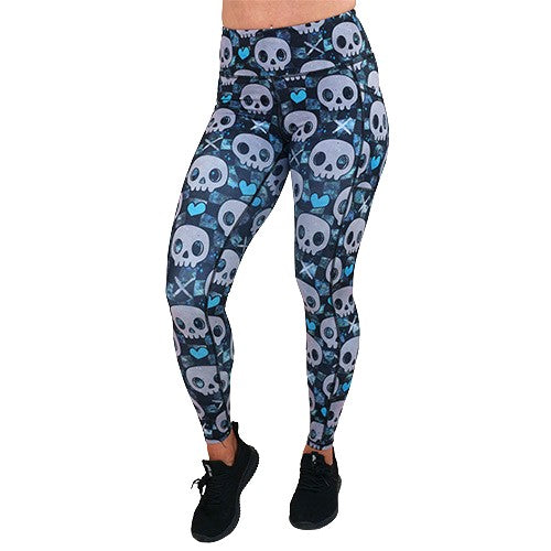 blue hearts and skulls patterned leggings