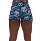 back of the blue hearts and skulls patterned shorts 