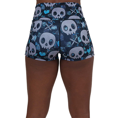 back of the blue hearts and skulls patterned shorts 