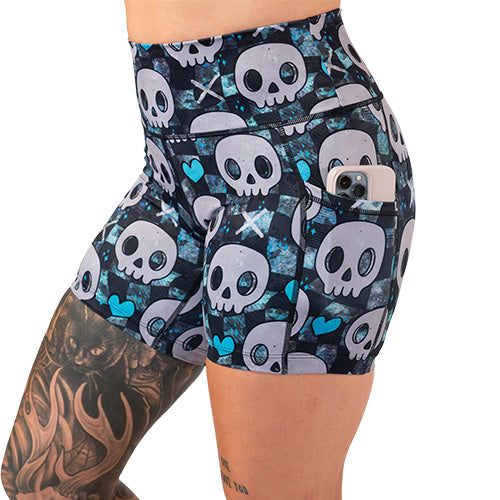 side pocket on the blue hearts and skulls patterned shorts 