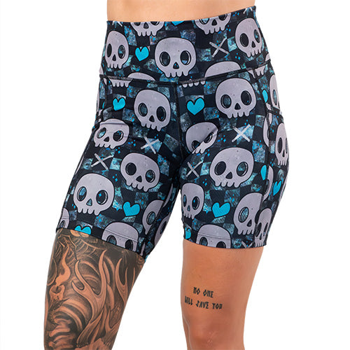 7 inch blue hearts and skulls patterned shorts 