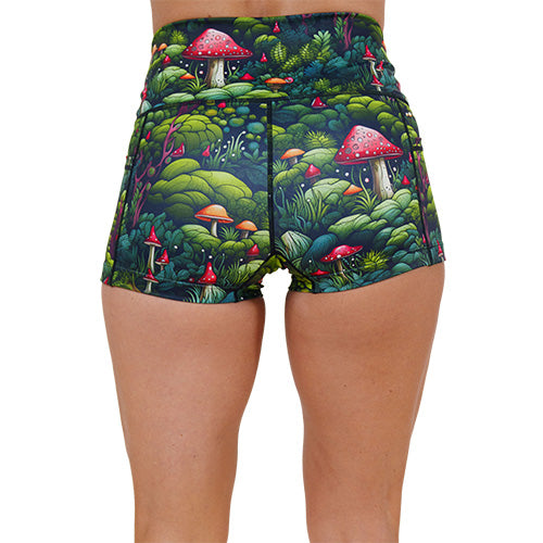 back of 2.5 inch enchanted forest themed shorts