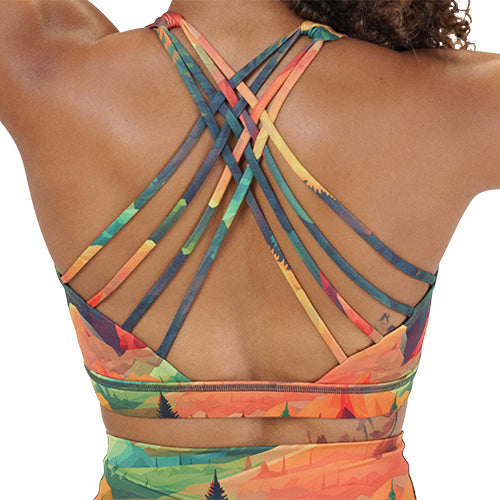 back of the fall forest patterned sports bra 