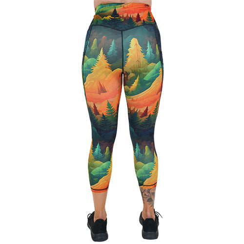 back of the capri length fall forest patterned leggings