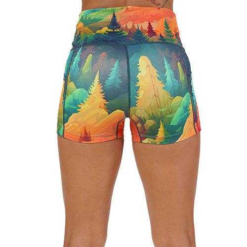 back of the 2.5 inch fall forest patterned shorts