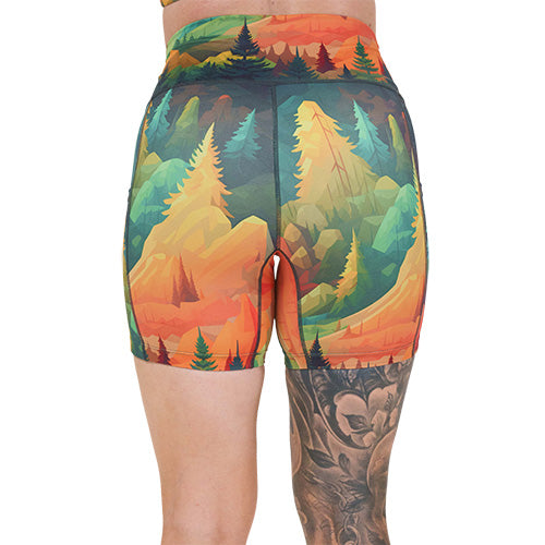 back of the 5 inch fall forest patterned shorts