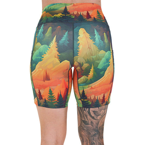 back of the 7 inch fall forest patterned shorts