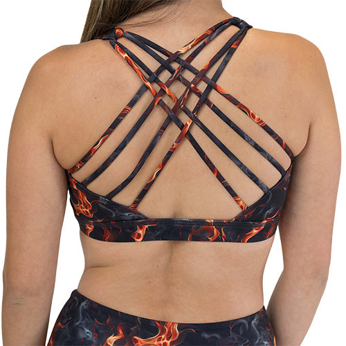 back of the flame print sports bra