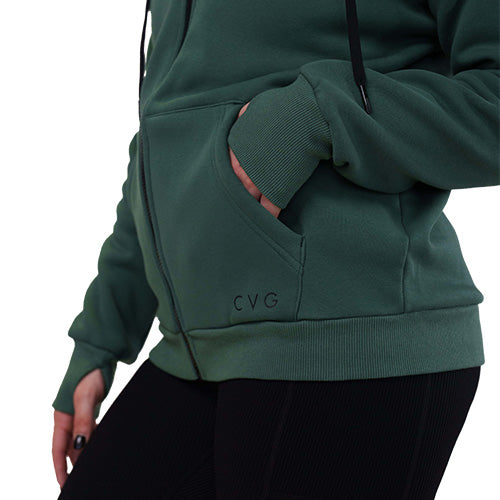 pocket on the hunter green fleece zip up