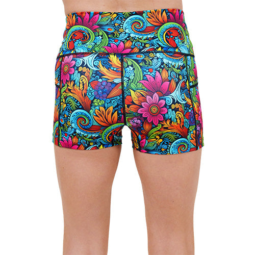 back of the 2.5 inch floral swirl patterned shorts