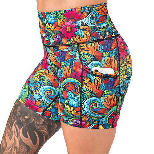 side pocket on the floral swirl patterned shorts