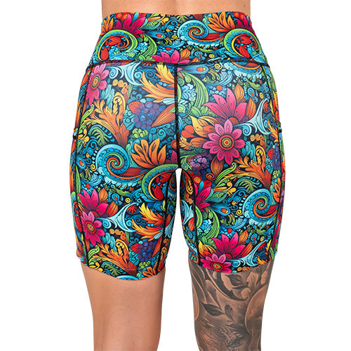 back of the 7 inch floral swirl patterned shorts