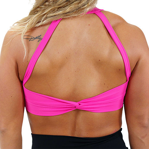 back of the solid pink twist sports bra