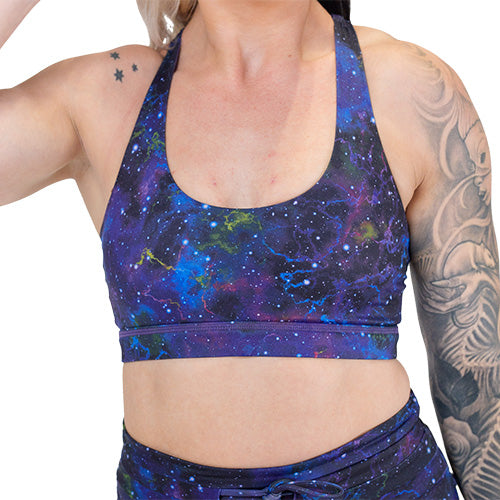 galaxy patterned sports bra