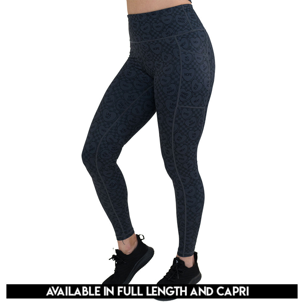 black and grey heart patterned leggings available in capri and full length