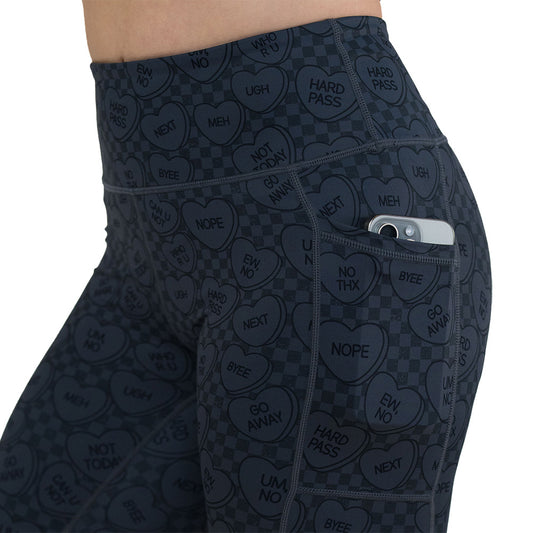 side pocket on the black and grey heart patterned leggings