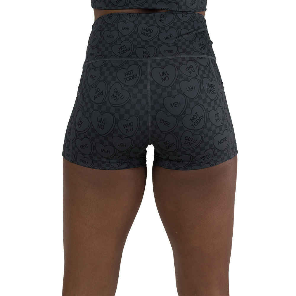 back of the black and grey heart patterned shorts