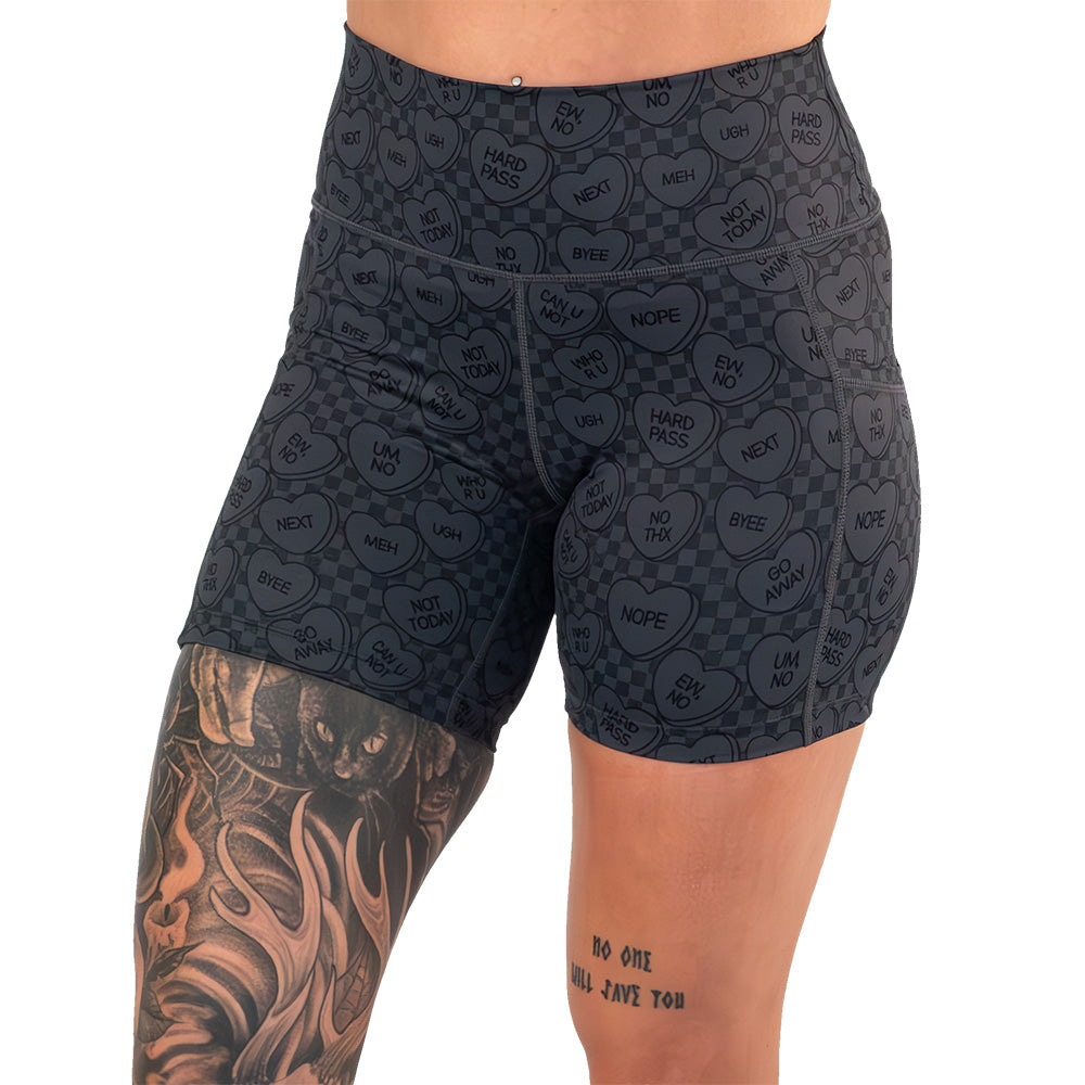 5 inch black and grey heart patterned shorts 