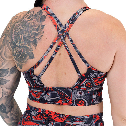 back of the graffiti patterned sports bra