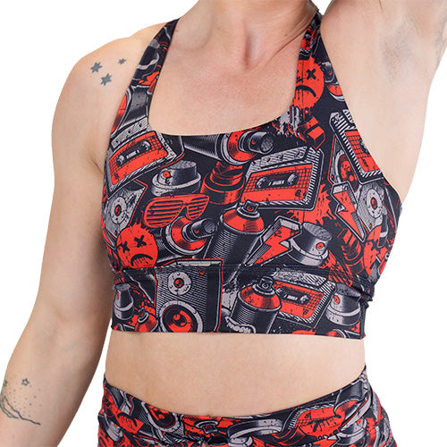 graffiti patterned sports bra