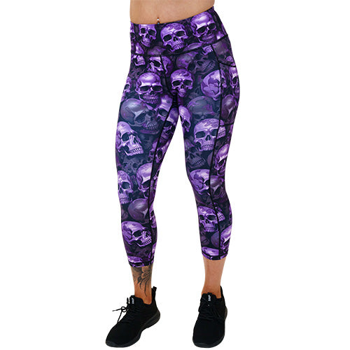 capri length purple skull patterned leggings