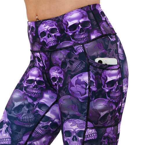 purple skull patterned leggings side pocket