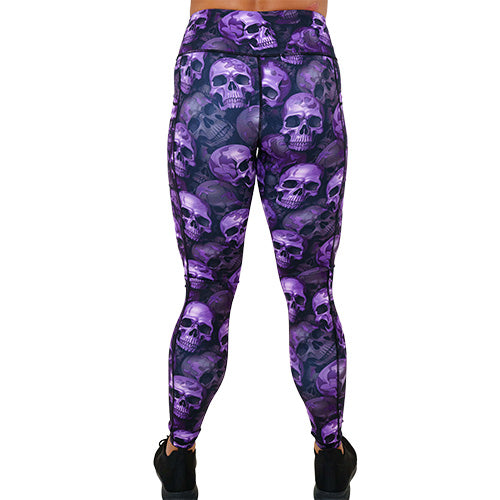 back of the full length purple skull patterned leggings