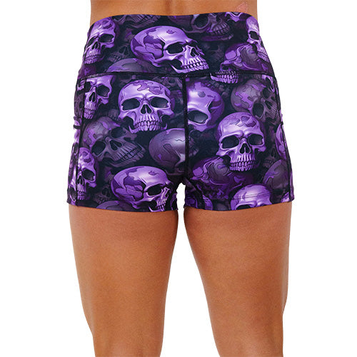 back of 2.5 inch purple skull patterned shorts