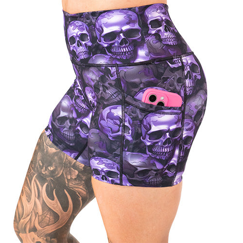 side pocket on the purple skull patterned shorts