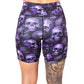 back of 7 inch purple skull patterned shorts