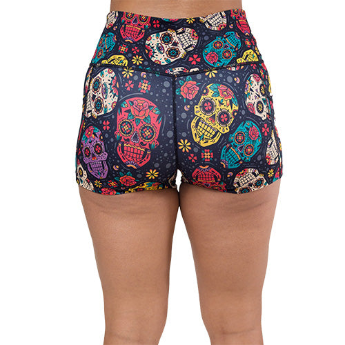 back of the 2.5 inch sugar skull patterned shorts