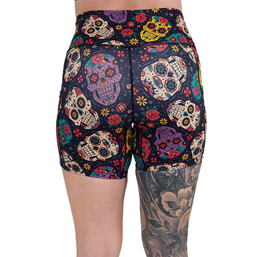 back of the 5 inch sugar skull patterned shorts