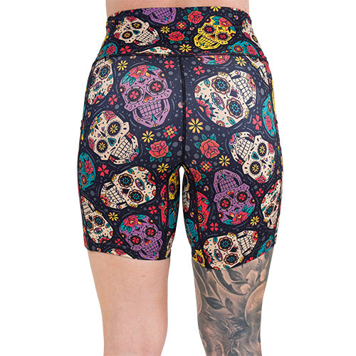 back of the 7 inch sugar skull patterned shorts