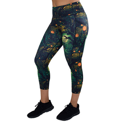 capri length spooky forest themed leggings