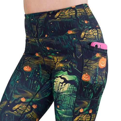 side pocket on the spooky forest themed leggings