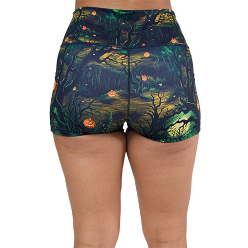 back of the 2.5 inch spooky forest themed shorts