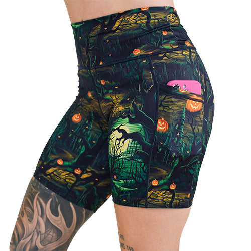 side pocket on the spooky forest themed shorts