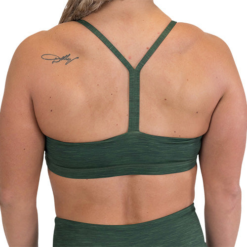 back of the heather green sports bra